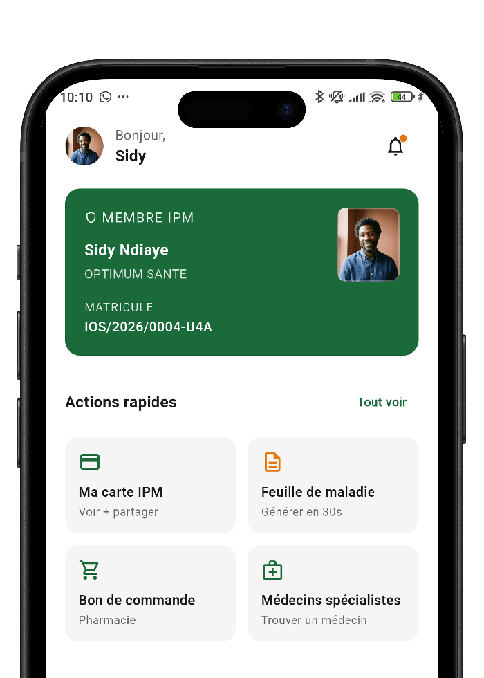 Écran d'accueil de l'application Optimum Santé : carte d'assuré digitale et raccourcis vers la feuille de maladie, le bon d'achat pharmacie et l'annuaire des prestataires.