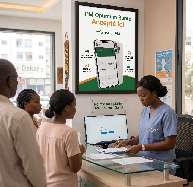 Un salarié présente la carte d'assuré affichée sur son téléphone à l'accueil d'un cabinet médical.