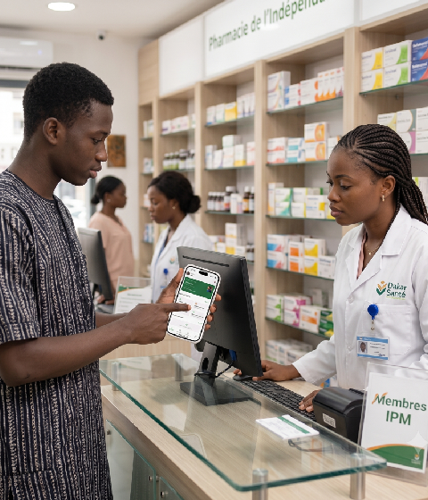 Une pharmacienne enregistre un bon d'achat présenté depuis l'application.